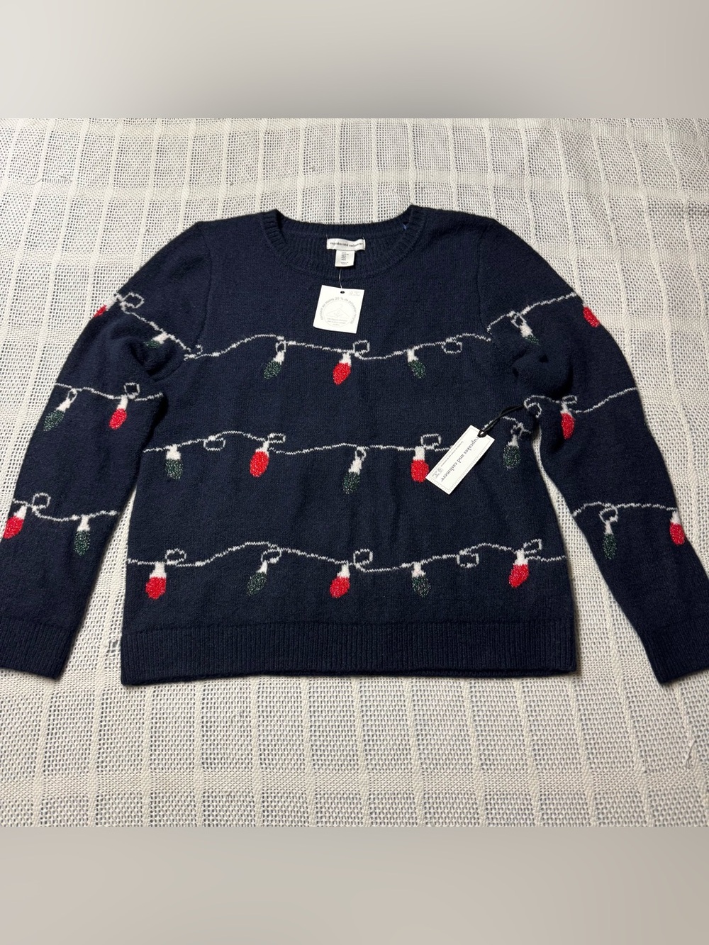 cupcakes & cashmere Navy Crewneck Sweater with Red & Green Light Pattern